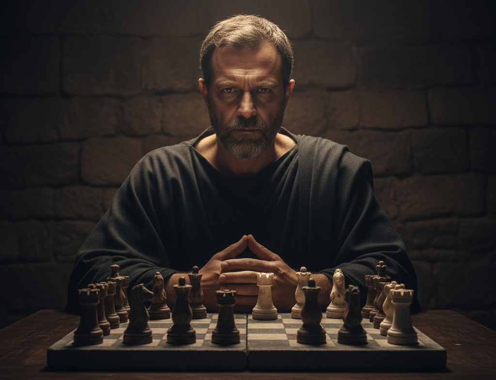 Estratégia representada por homem analisando um tabuleiro de xadrez em silêncio