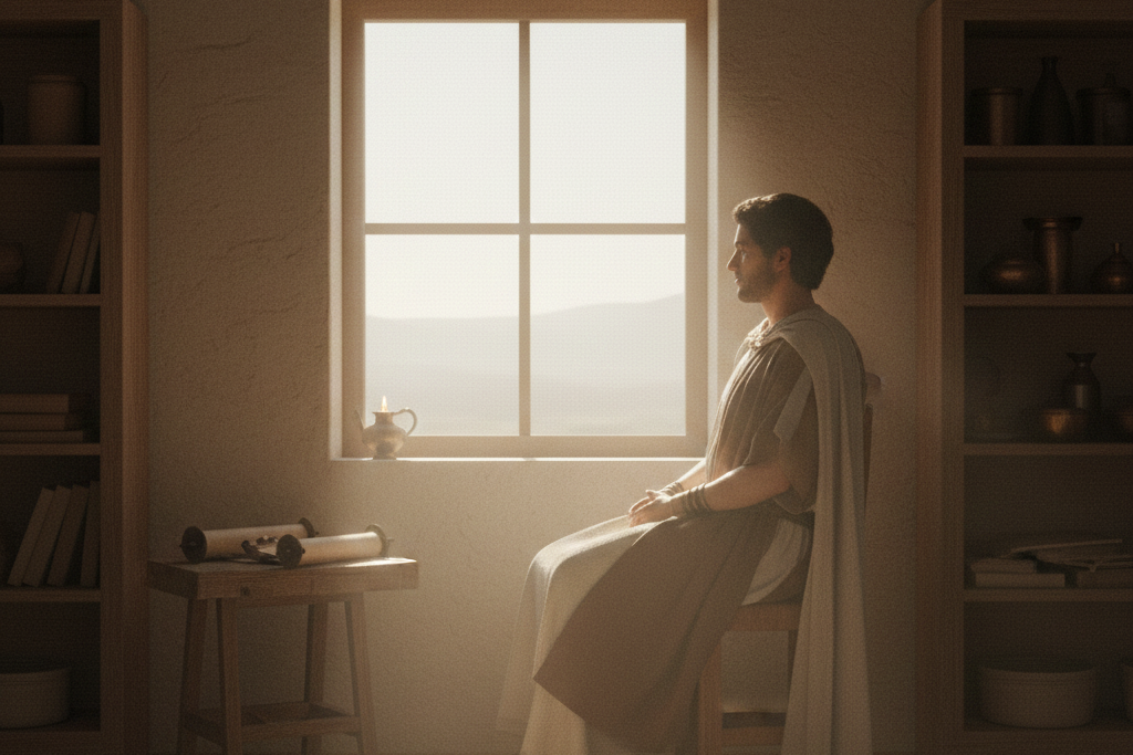 Pessoa refletindo em silêncio simbolizando virtude, introspecção e autoconsciência