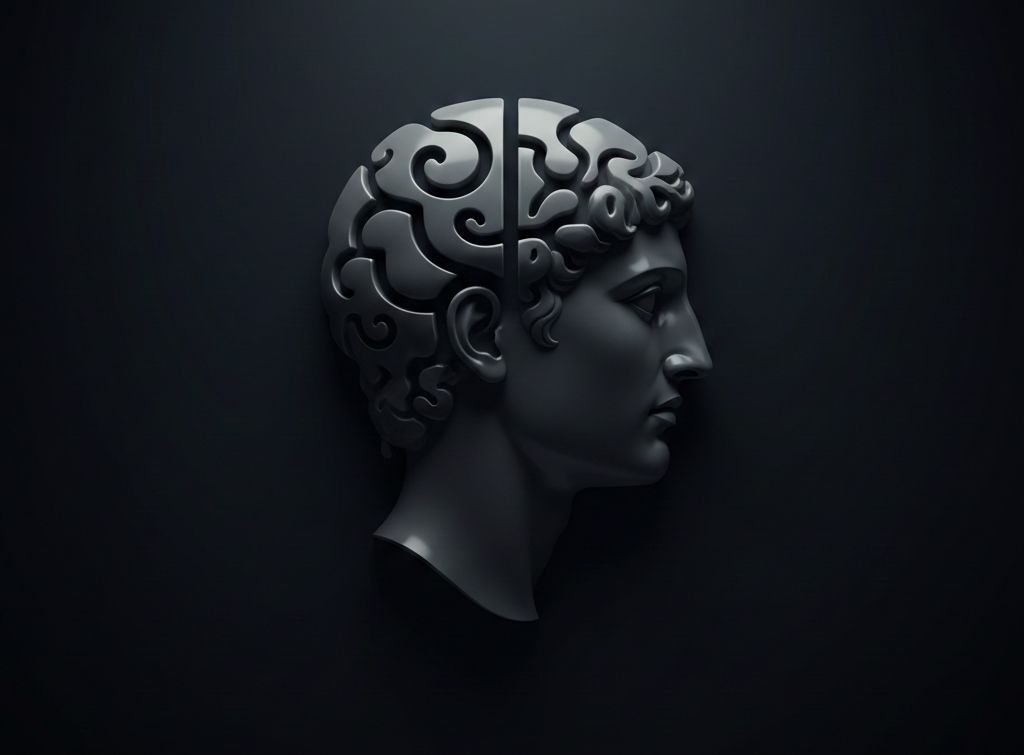 Cena filosófica com estátuas gregas e livros antigos representando reflexão e sabedoria