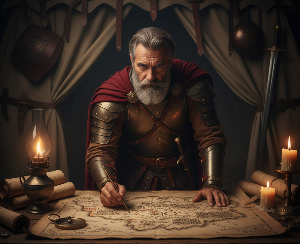 Planejamento estratégico representado por general analisando um mapa