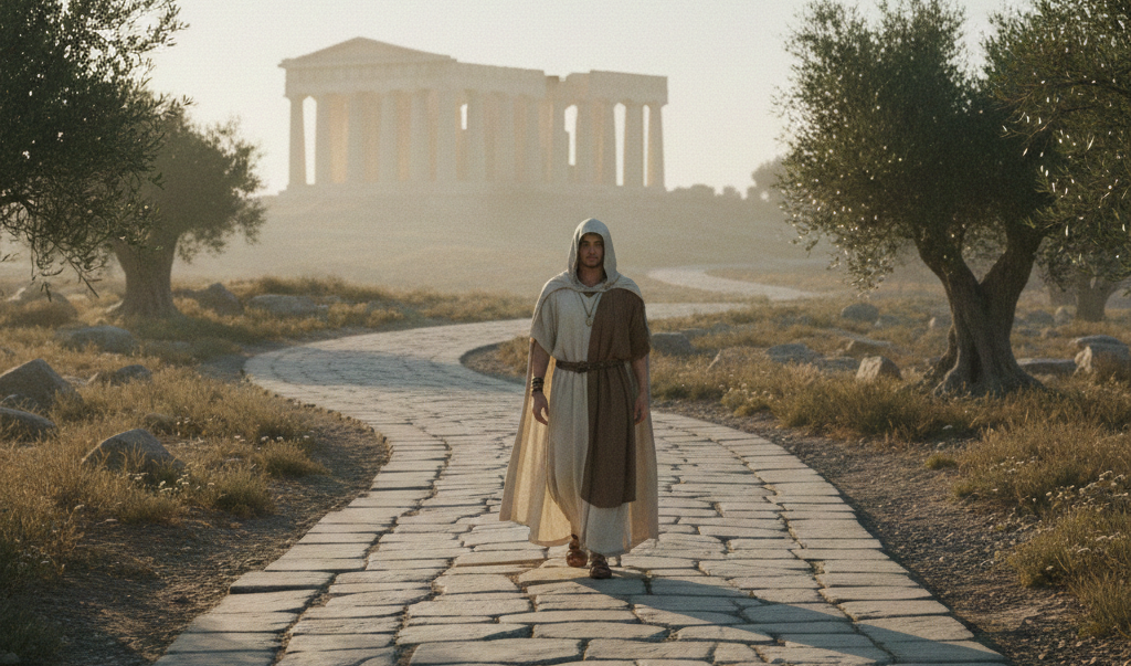 Pessoa caminhando sozinha ao amanhecer representando virtude silenciosa e caráter interior