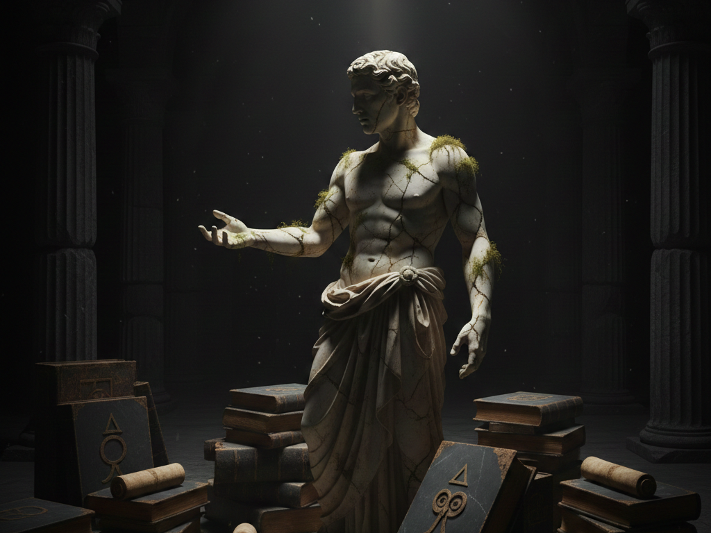 Estátua grega / pensador / livro antigo